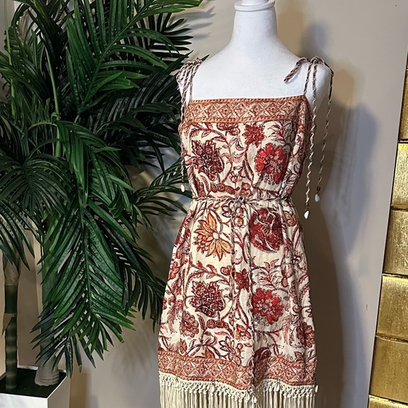 Zimmermann Vitali Sepia Floral Print Tie Waist Fringe Linen Dress - Size 3 - Picture 7 of 8